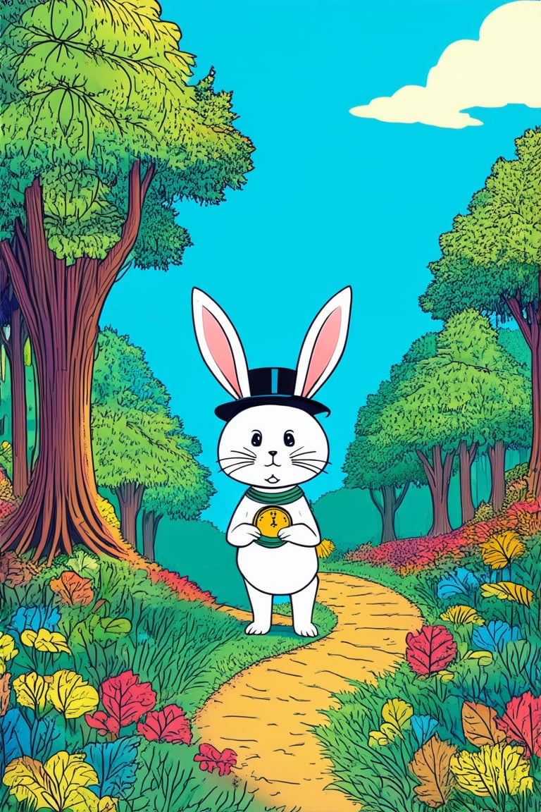 A vibrant, flat 2D illustration of a whimsical forest scene featuring a curious rabbit wearing a miniature top hat and holding a pocket watch. The rabbit stands in front of a bright blue sky with fluffy white clouds, surrounded by tall trees with colorful leaves and a winding path that disappears into the distance. Soft focus and gentle lines evoke a sense of wonder.