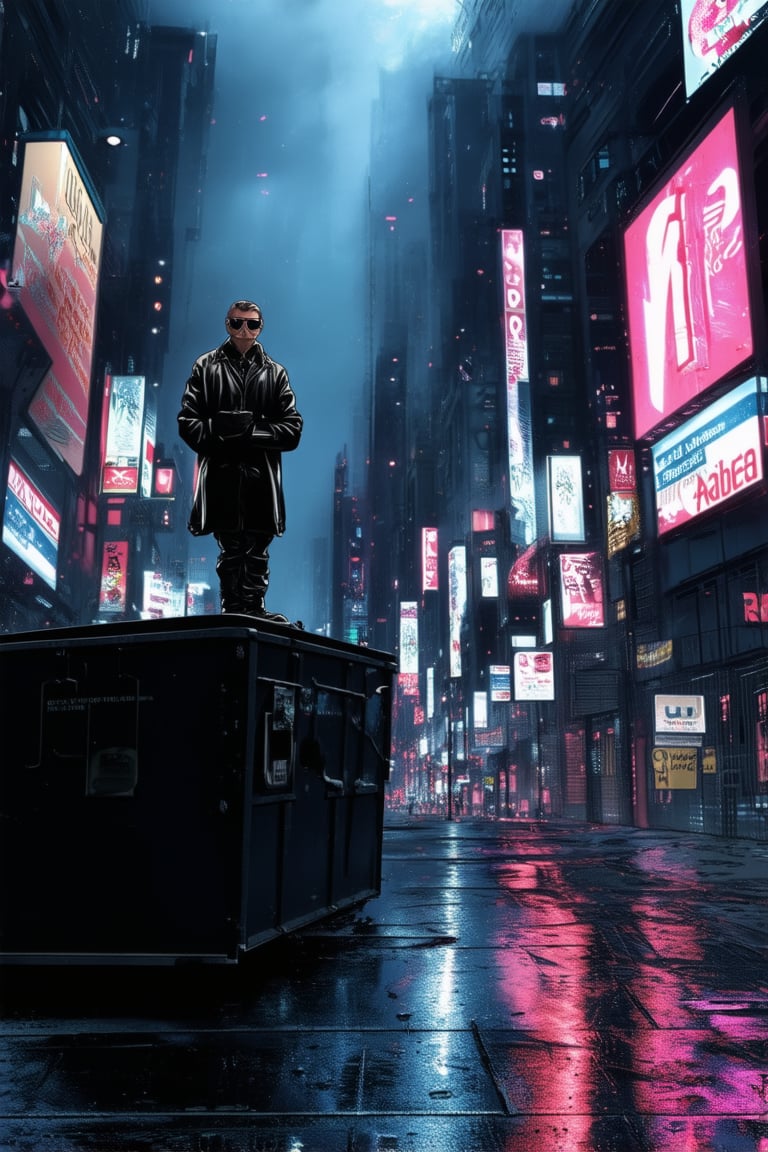 A dystopian cityscape at dusk, neon lights reflecting off wet streets, a lone figure in a worn leather jacket and shades stands atop a dumpster, arms crossed, gazing out into the smog-choked distance. Flickering holographic advertisements dance across the sky.