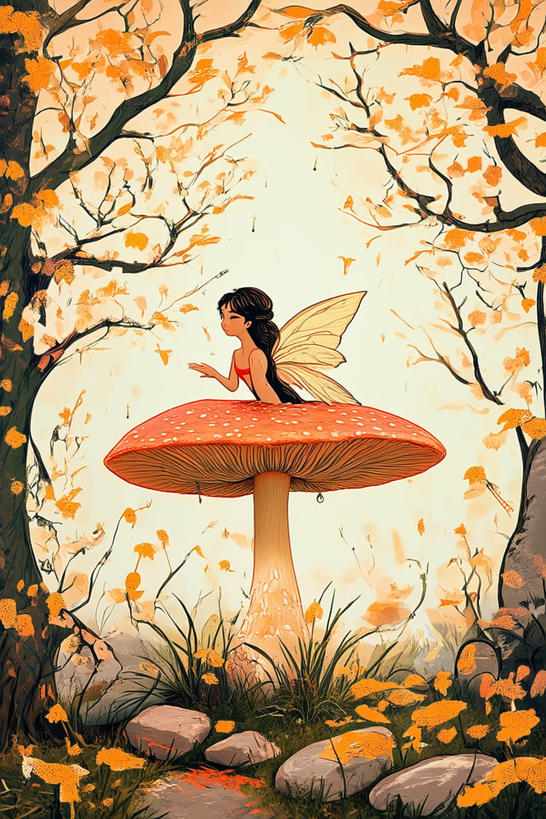 A whimsical flat art piece depicting a mystical forest, bathed in soft golden light, with intricately illustrated trees and vines entwined around ancient stones. In the foreground, a gentle fairy perches on a mushroom, her delicate wings glowing with an ethereal luminescence, surrounded by fluttering fireflies and wispy mist.