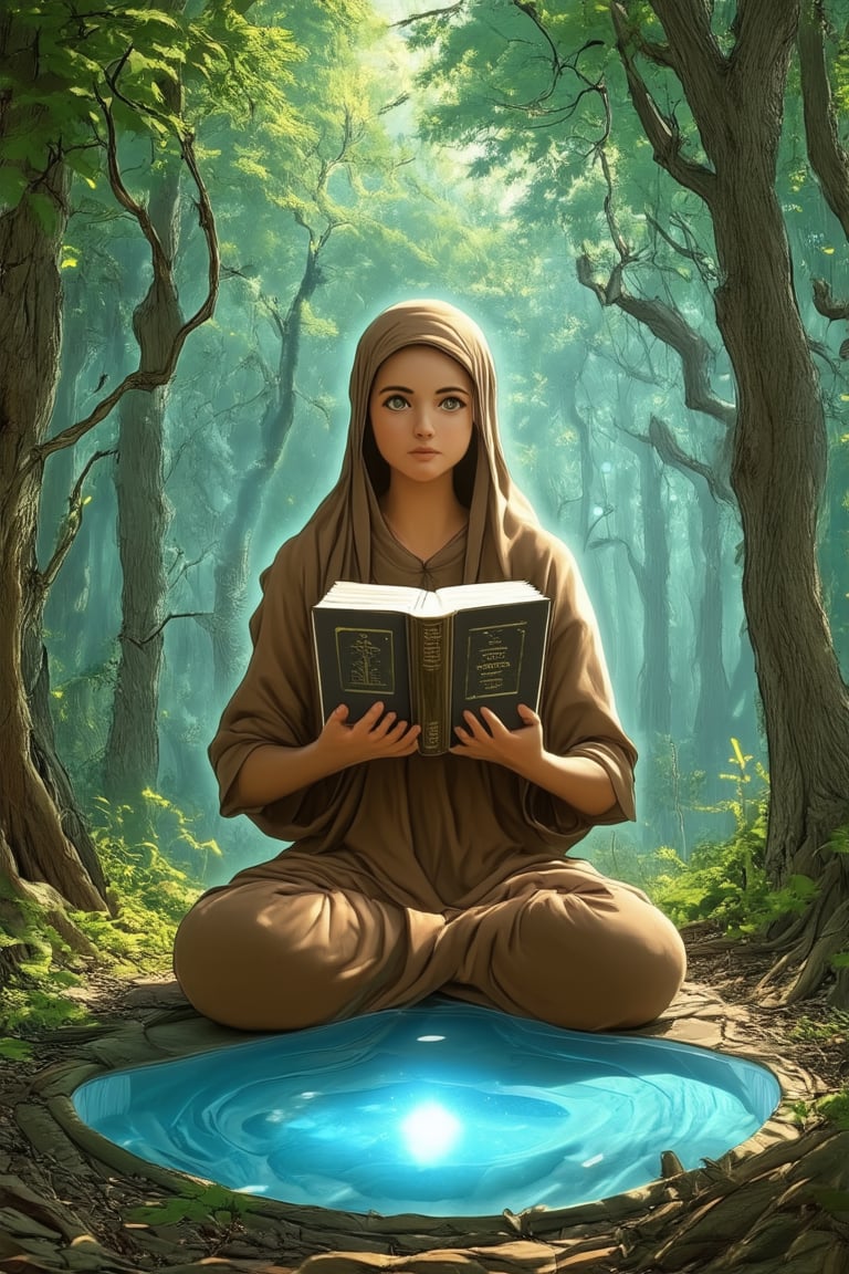 A mystical mama sits serenely in a misty forest clearing, surrounded by towering trees and vines as she holds an ancient tome bound in worn leather. Soft morning light filters through the foliage, casting an ethereal glow on her wise features. Her eyes, pools of deep wisdom, gaze upward as if connecting with celestial forces.