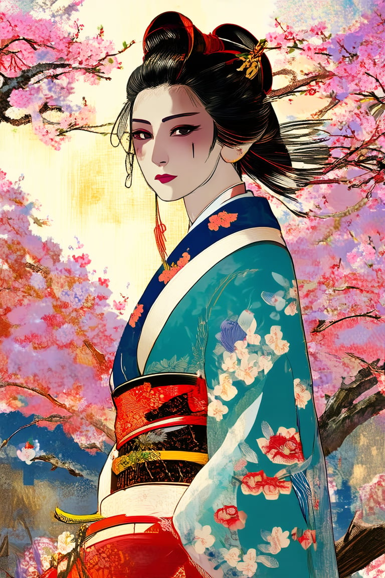 Vibrant anime-inspired artwork featuring a stunning mix of traditional Japanese motifs with modern digital flair. A beautiful geisha in a flowing kimono poses against a backdrop of stylized cherry blossom trees, their intricate makeup and ornate accessories shining under warm golden lighting. The overall effect is a mesmerizing blend of old-world charm and cutting-edge visual wizardry.