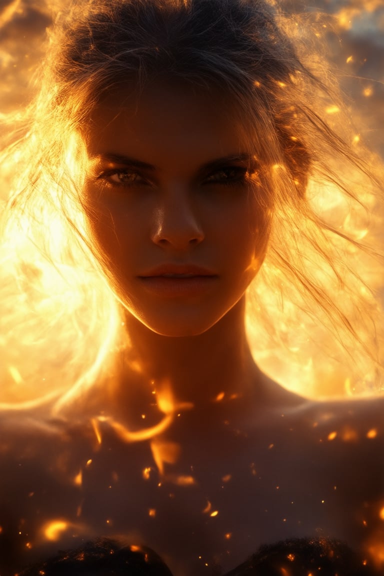 A woman's face is lit by a warm golden light as she stands in front of a fiery sunset, her eyes ablaze with passion and determination. Her strong jawline and defined features are set in a resolute expression, conveying unyielding power and conviction. The vibrant colors of the sky behind her amplify her intensity, creating a striking visual representation of unbridled force.