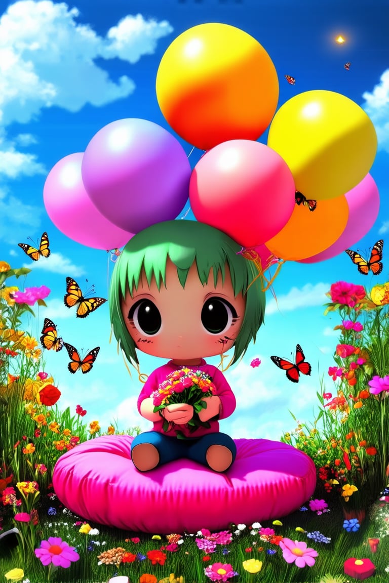 A chibi character sitting on a bright pink cushion in a whimsical garden setting, surrounded by vibrant flowers and fluttering butterflies. The tiny protagonist's large eyes shine with excitement as they hold a bouquet of colorful balloons, their short arms wrapped around the stems. Soft, fluffy clouds drift lazily across the sky above, adding to the overall sense of playfulness and joy.