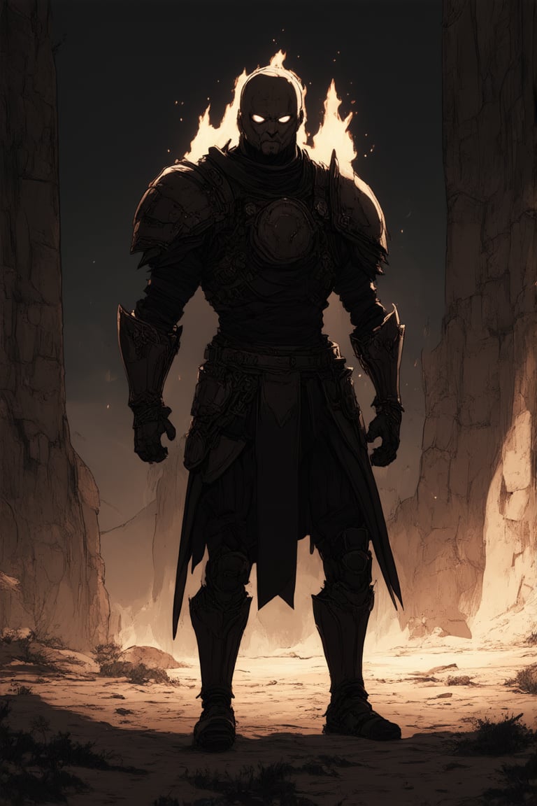 A poignant scene unfolds: Flat Honor Chara, a stoic warrior stands proudly, armor plate gleaming under soft, warm light. Framed against a muted, sandy background, the character's resolute pose conveys unwavering dedication to their noble cause. Silhouetted by a faint, golden glow, the warrior's features seem chiseled from granite, their eyes burning with an unyielding intensity.