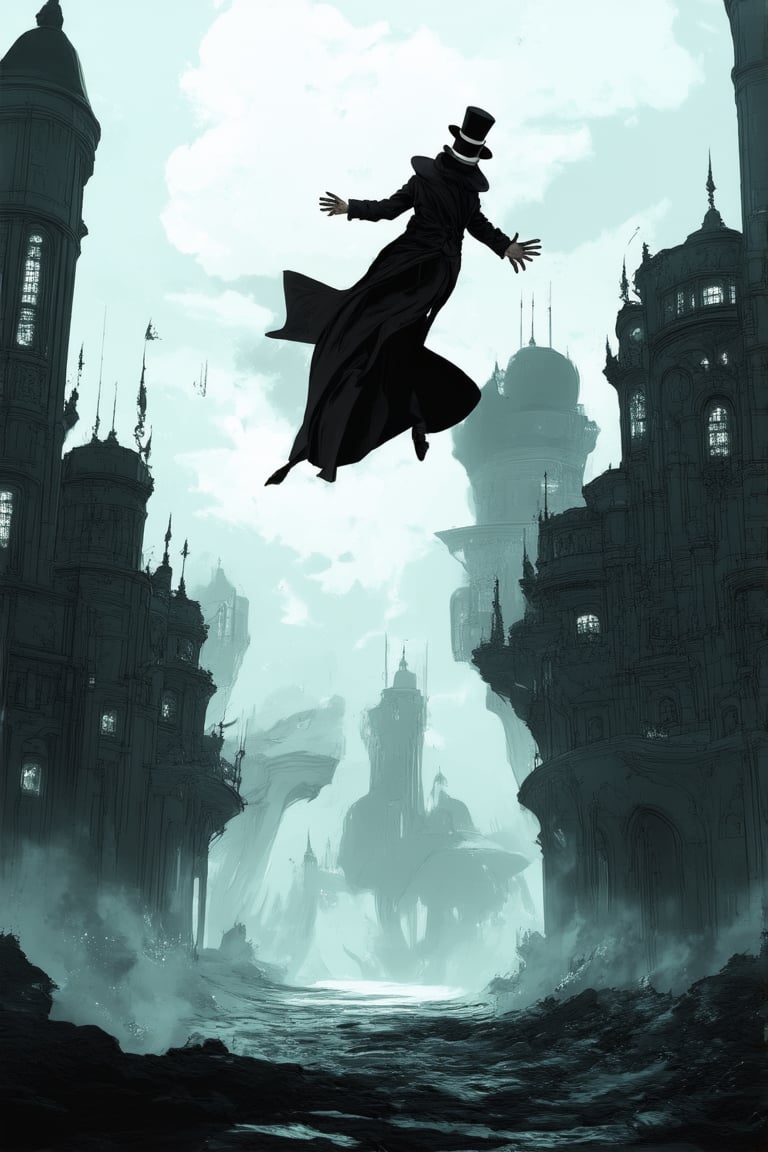 In a dreamlike atmosphere, a levitating cityscape rises from a swirling vortex of clouds and misty fog, with buildings twisted and contorted in impossible ways. A lone figure, dressed in a long coat with a top hat, floats above the chaos, arms outstretched as if embracing the surreal landscape.