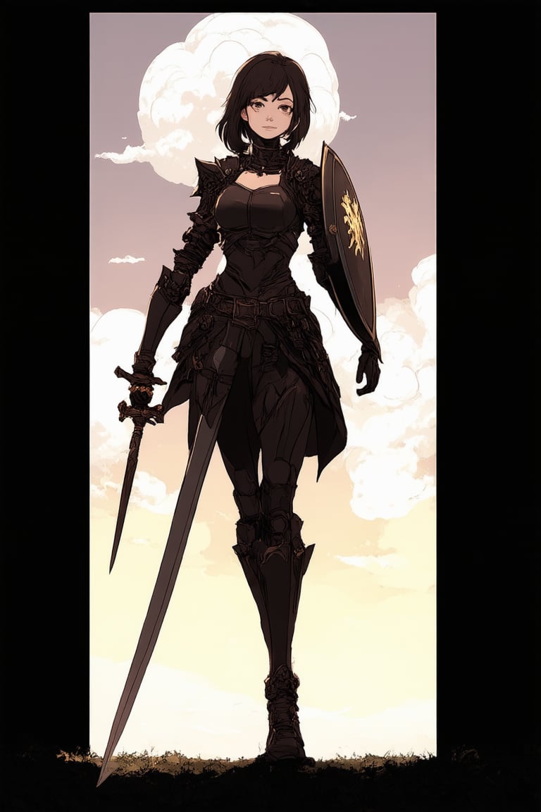 A Flat-Honor-Chara illustration: A dynamic, 3D-style anime girl with a flat, simplified design, posing in a heroic stance. She's standing confidently, feet shoulder-width apart, with one hand resting on the hilt of her sword and the other holding a shield emblazoned with a crest. The background is a warm, gradient sky with fluffy white clouds. Soft, golden lighting highlights her facial features and armor, while the rest of the image remains in a subtle, atmospheric glow.