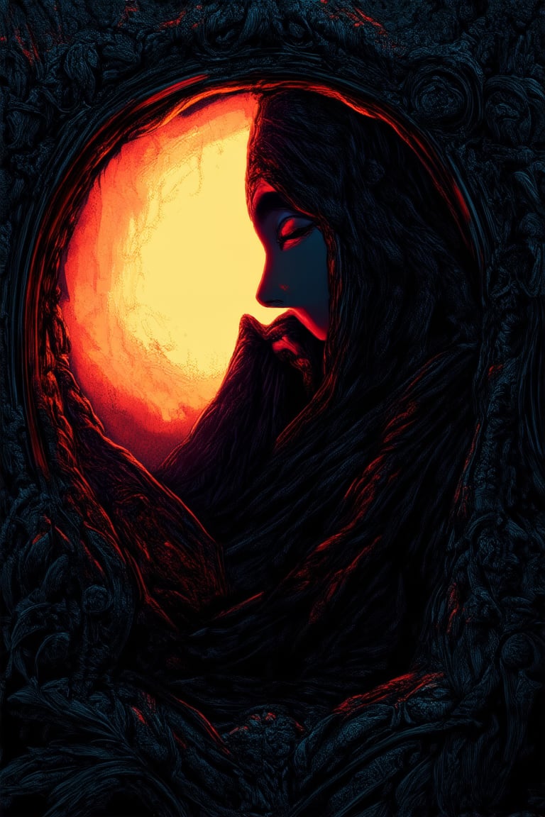 A mysterious figure shrouded in shadows, a dark, subtle smile playing on their lips as they gaze into the void. The subject's face is obscured by an ornate, antique frame, with intricate carvings and a soft, warm glow emanating from within. A faint, misty veil surrounds them, adding to the air of intrigue.