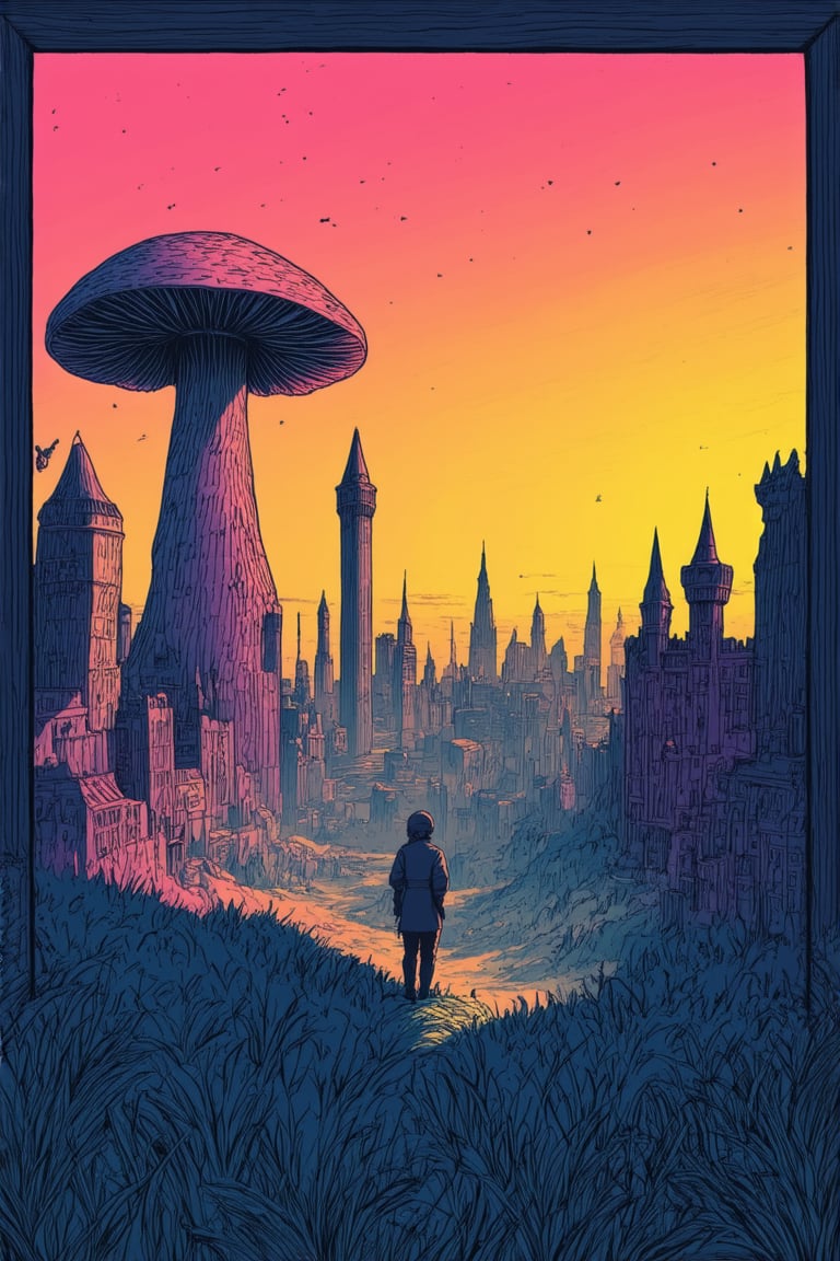 A whimsical illustration of a fantastical cityscape at sunset, with intricately drawn buildings and towers in various shapes and sizes. The scene is framed by a warm orange sky with hues of pink and purple, casting a mystical glow on the structures. In the foreground, a lone figure of a young adventurer stands atop a giant mushroom, looking out into the distance with a sense of wonder.