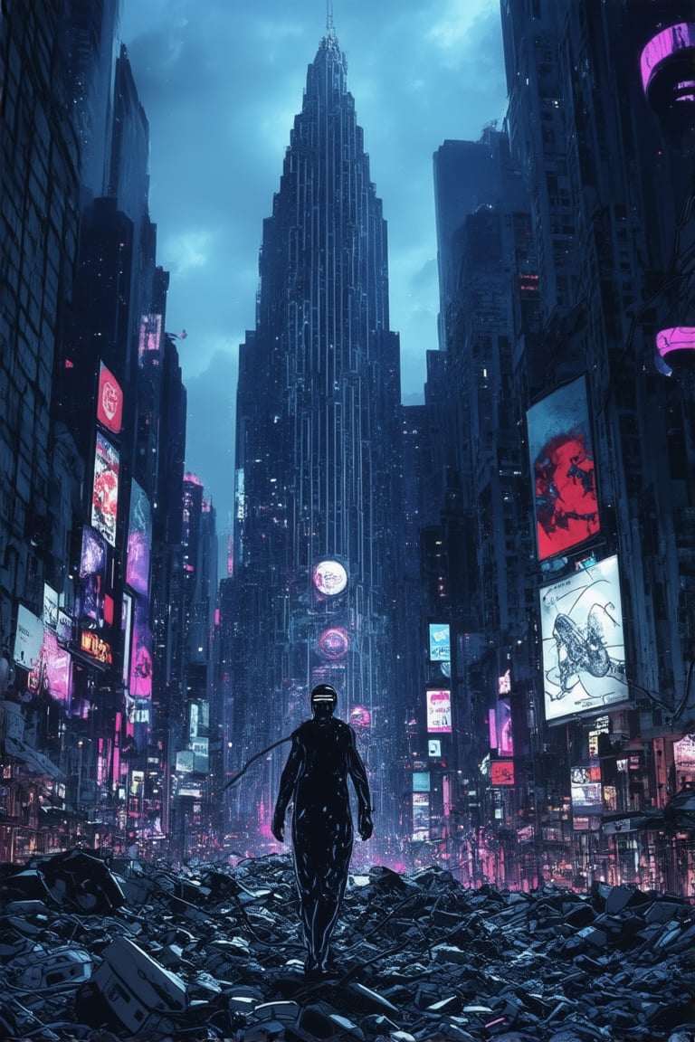 A neon-drenched cityscape at dusk, with towering skyscrapers and holographic advertisements casting a kaleidoscope of colors across the darkened streets. A lone figure, dressed in a futuristic jumpsuit, stands atop a pile of discarded technology, their face obscured by a mirrored visor. The city's underbelly hums with energy as circuits and wires snake through the concrete jungle.