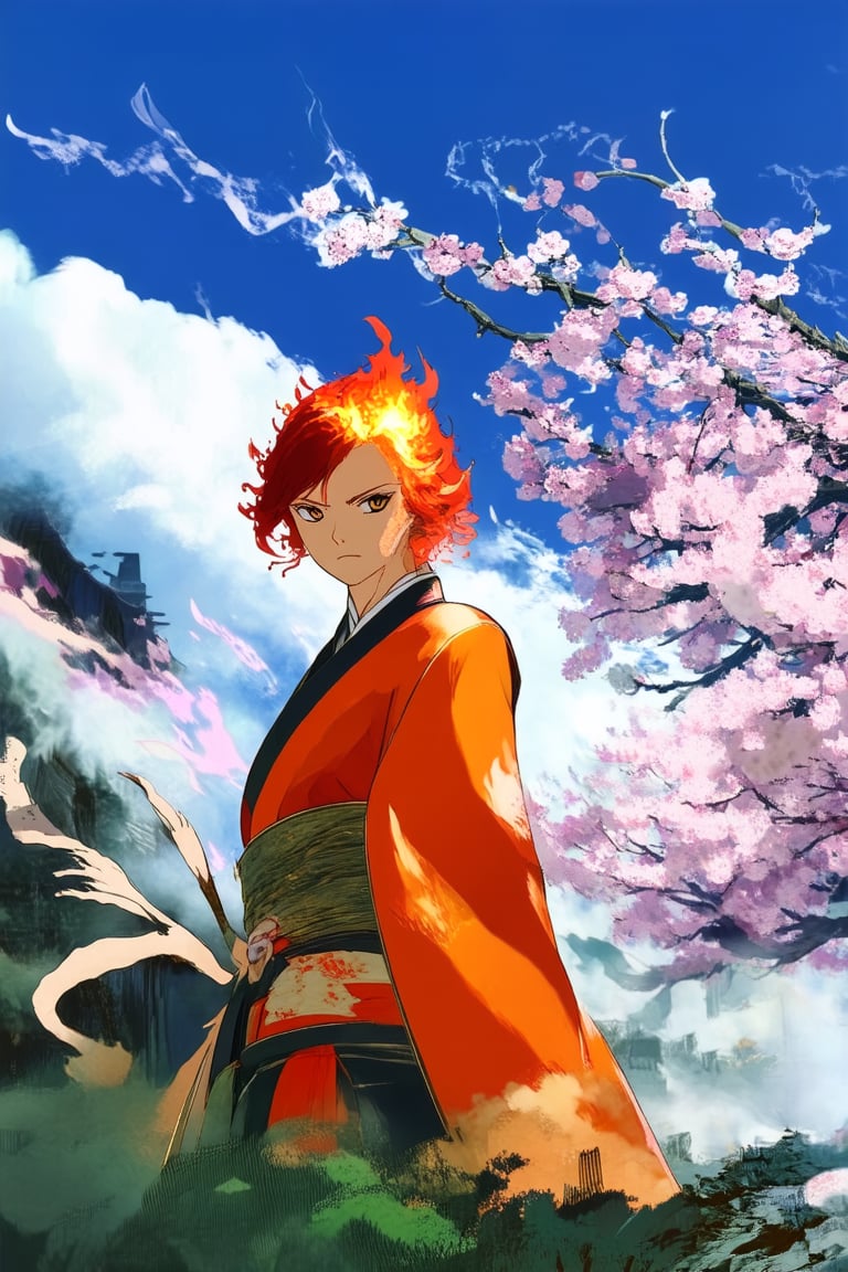 Vibrant anime scene: A dynamic mix of traditional Japanese elements and modern fantasy creatures, set against a bright blue sky with fluffy white clouds. In the center, a strong-willed warrior maiden with fiery red hair and determined expression, clad in a flowing orange kimono, stands confidently amidst swirling mist and mystical energy, as ancient cherry blossom trees tower behind her.