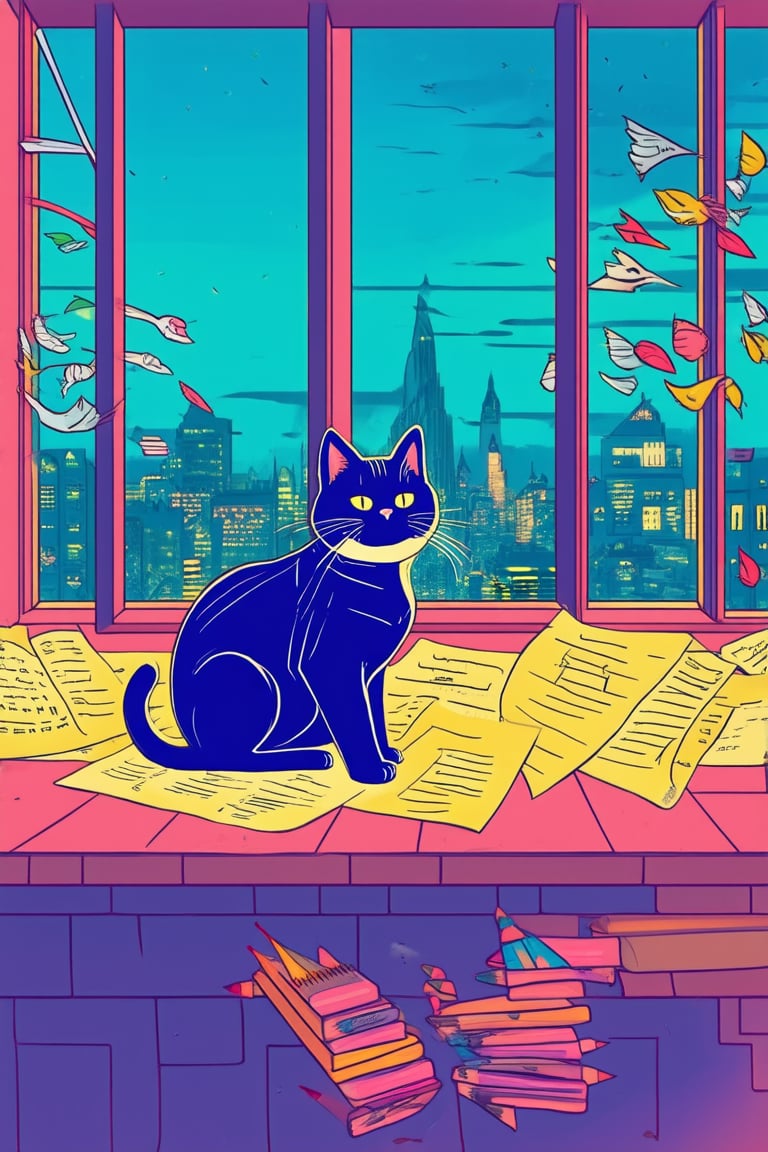 A whimsical illustration of a cat sitting on a windowsill, surrounded by fluttering papers and pencils, with a curious expression as it gazes out at a cityscape at dusk. The flat 2D design features bold lines, vibrant colors, and playful textures.