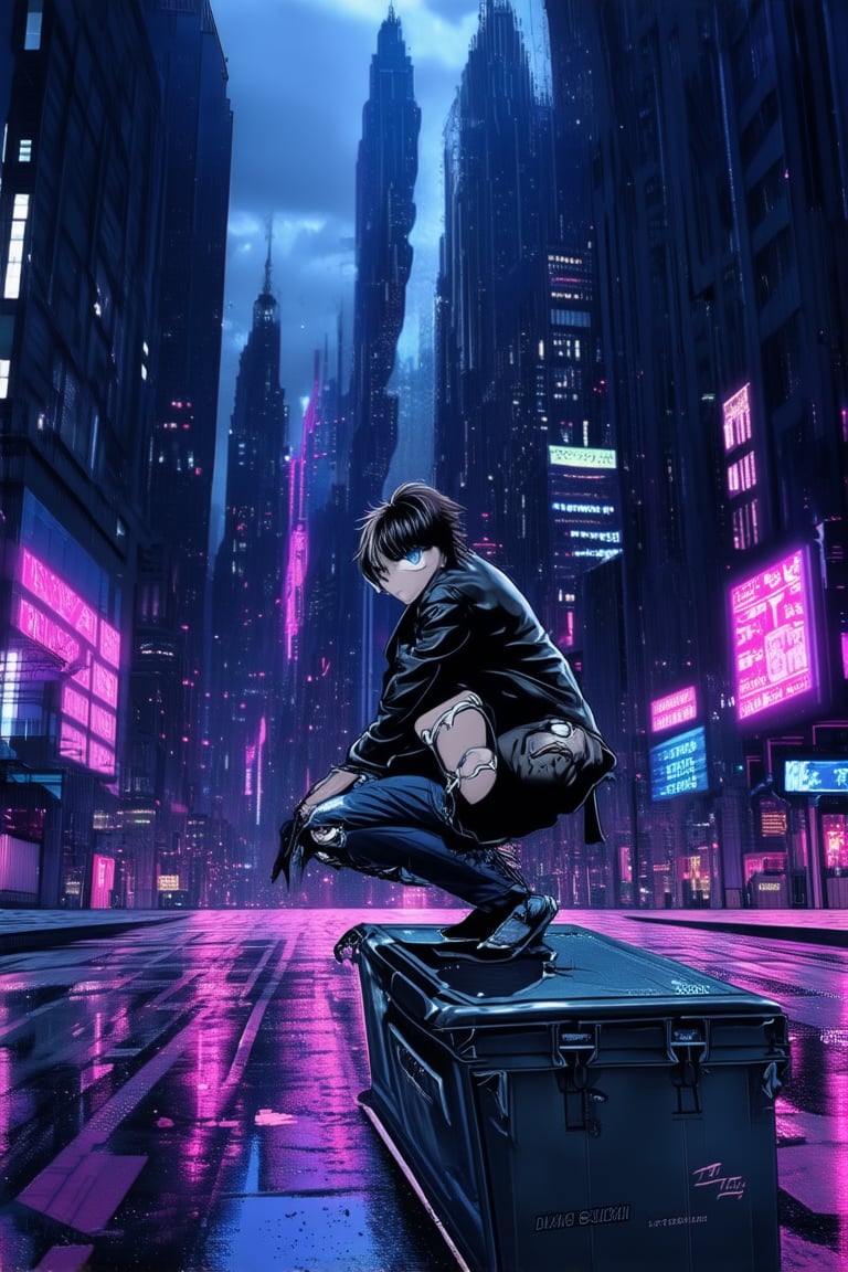 Neon-lit cityscape at dusk, towering skyscrapers piercing the darkening sky. A futuristic hacker, dressed in a black leather jacket and ripped jeans, crouches on a dumpster lid, eyes fixed on a holographic display projecting cryptic code. The city's vibrant nightlife hums in the background, as neon lights reflect off wet pavement.