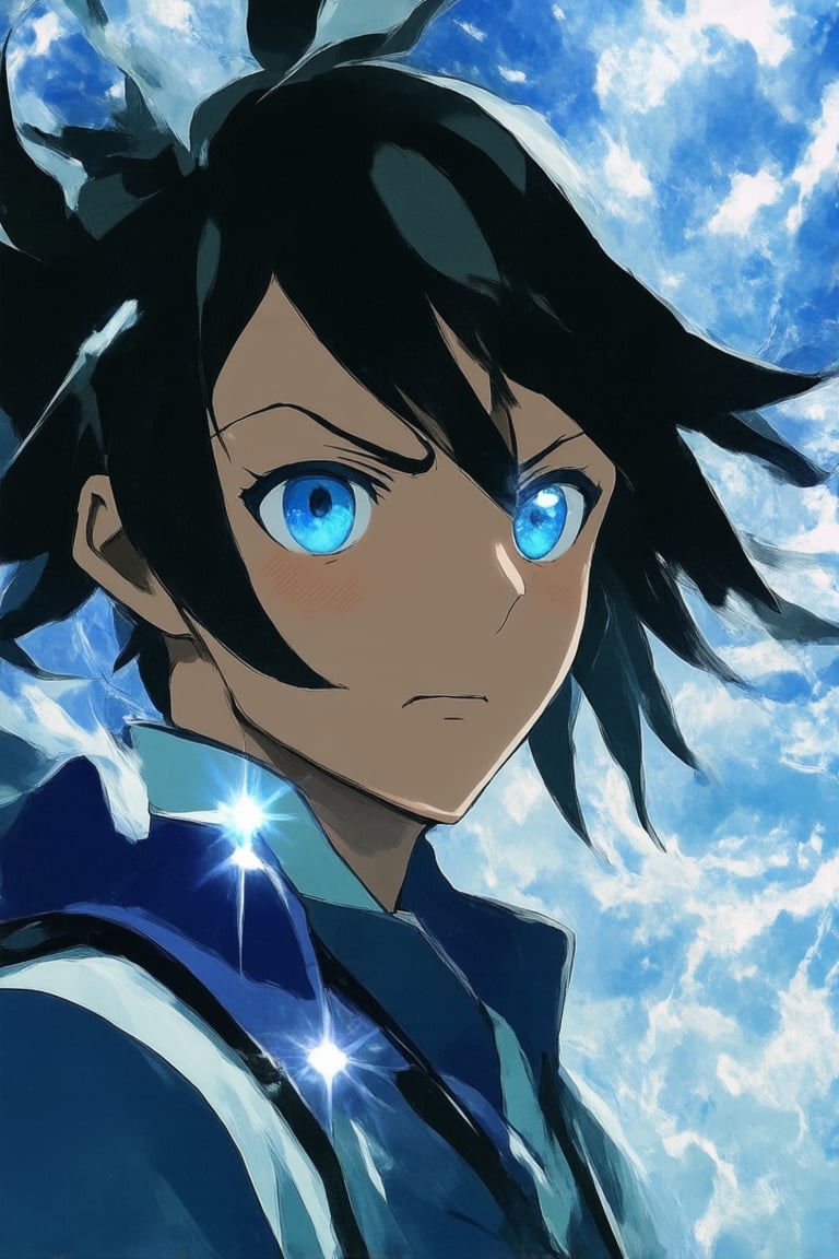 A close-up shot of a stylized anime character with vibrant, swirling clouds in the background. The character's bright blue eyes sparkle as they gaze off-camera, their messy black hair blown back by an unseen wind. A faint, shimmering aura surrounds them, with intricate patterns and textures reminiscent of traditional Japanese art. Soft, gradient lighting accentuates the character's features, while a subtle sense of movement suggests a dynamic narrative unfolding.