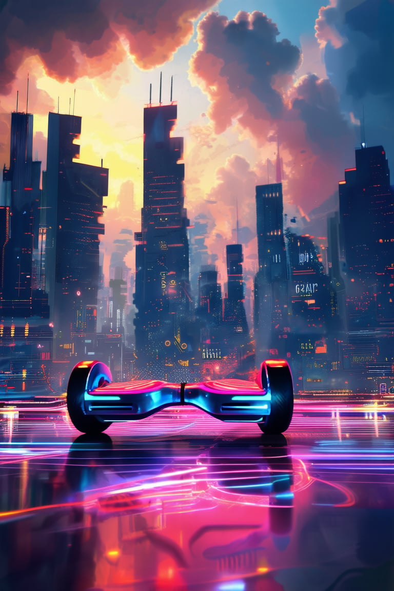 A futuristic cityscape at dusk, with neon lights reflecting off a sleek, silver hoverboard resting on a pedestal, surrounded by swirling clouds of vibrant purple and pink hues. The hoverboard's metallic sheen catches the warm glow of setting sun, while intricate circuits and wires add texture to the design.