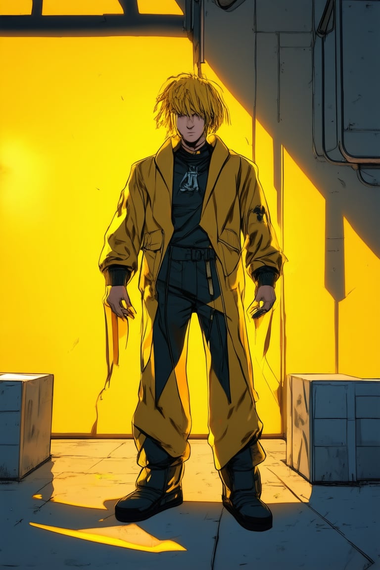 A vibrant yellow background radiates warmth as Solak stands confidently against a bright sunlit wall. Golden light wraps around their figure, accentuating the rich color of their hair and clothing. The surrounding area is clean and minimalist, with a hint of industrial texture, allowing Solak's bold presence to take center stage.