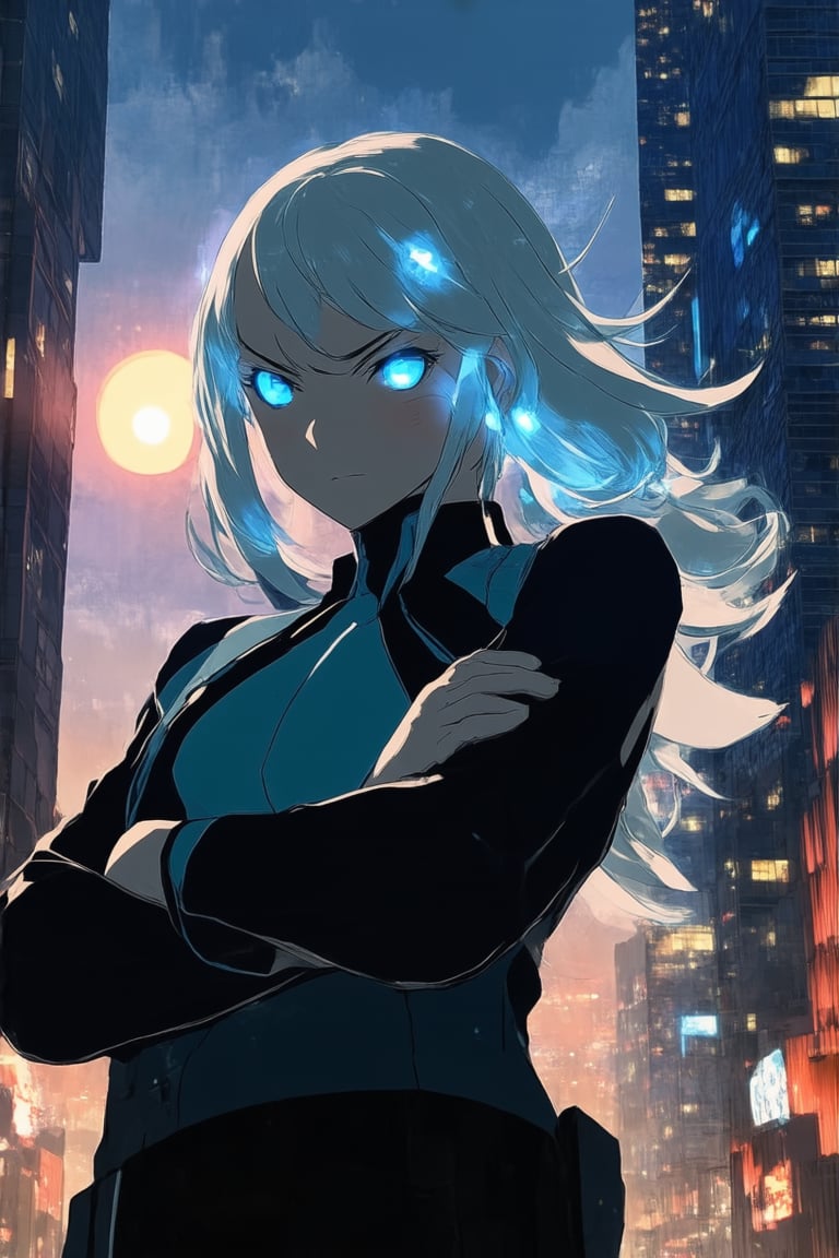 A vibrant anime scene with a dynamic MixStyle aesthetic: A futuristic cityscape at dusk, with neon-lit skyscrapers and bustling streets. In the foreground, a striking heroine with flowing silver hair and glowing blue eyes stands confidently, her arms crossed and a fierce determination etched on her face. The setting sun casts a warm orange glow, while the city's vibrant colors and pulsing lights create a mesmerizing backdrop.