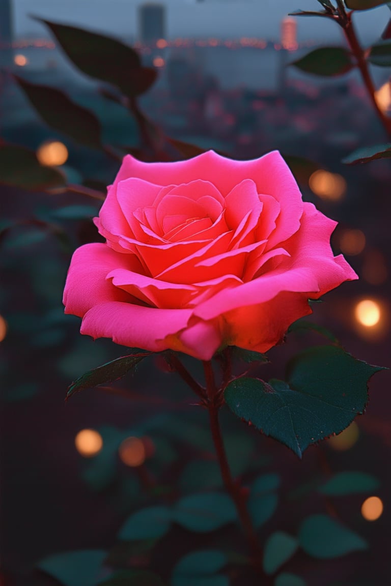 A close-up shot of a fiery pink rose bursting forth from a dark green leaf, its petals unfurled like a warrior's shield. The intense magenta hue dominates the frame, illuminated by soft golden light that casts subtle shadows on the surrounding foliage. In the background, a blurred cityscape provides a contrasting backdrop to the bold, unyielding beauty of this vibrant bloom.