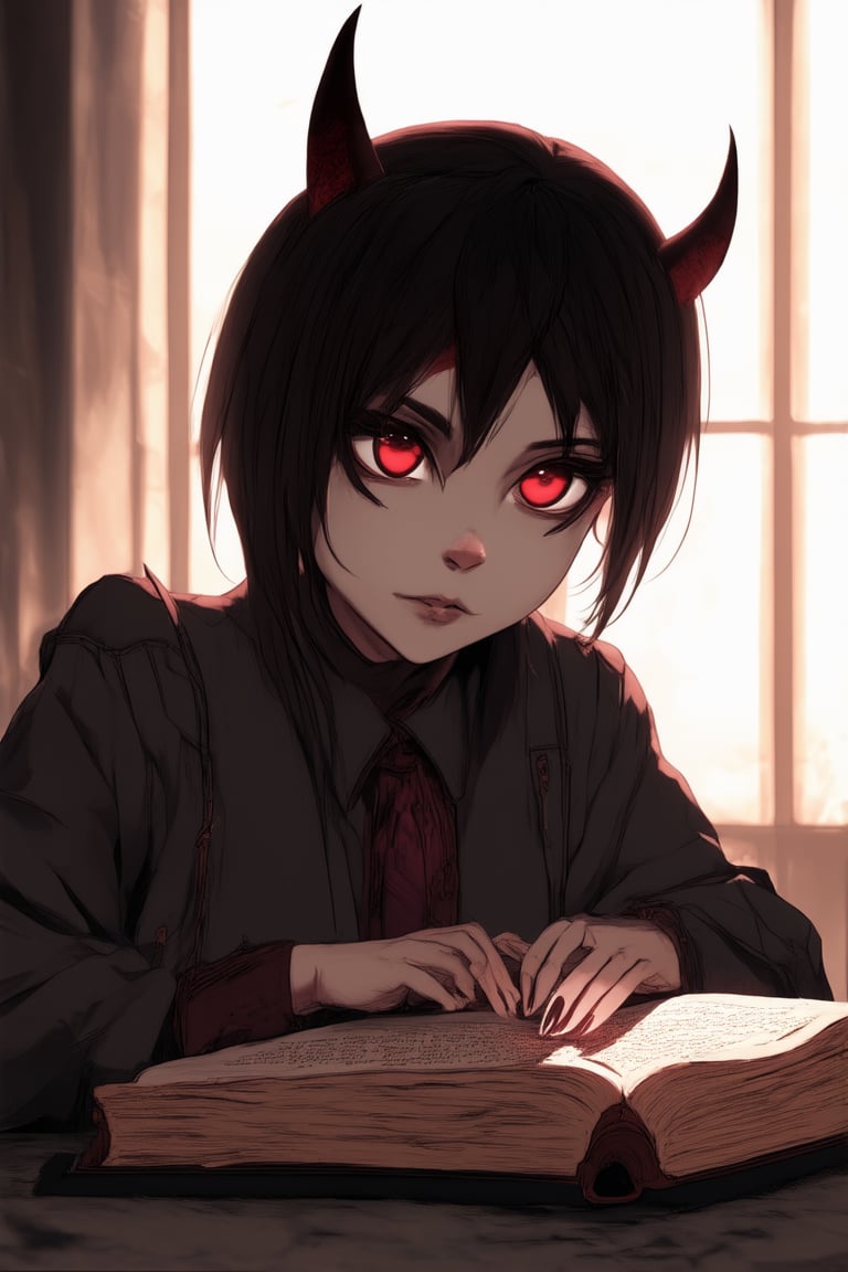 A close-up shot of Flat, a youthful-looking demon with an innocent face and bright red eyes, gazing directly at the camera with a subtle hint of mischief. Her slender fingers grasp a worn leather-bound book, as if cherishing the secrets within. Soft, warm lighting casts a gentle glow on her features, set against a muted, earthy-toned background.