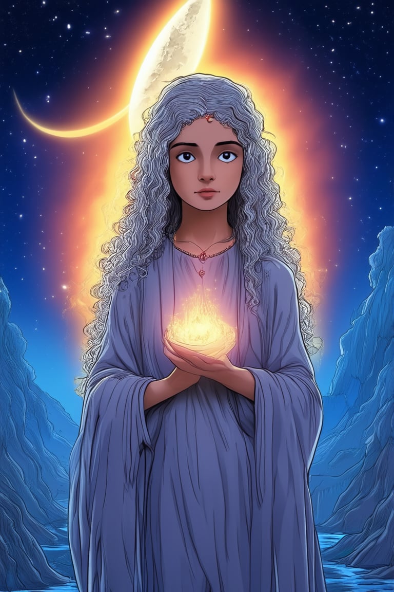 A mystical mama stands beneath a glowing crescent moon, her eyes aglow with an otherworldly intensity as she gazes out into the night. Her long, curly hair flows like a river of starlight around her face, illuminated by a soft, ethereal light that seems to emanate from within her very being.