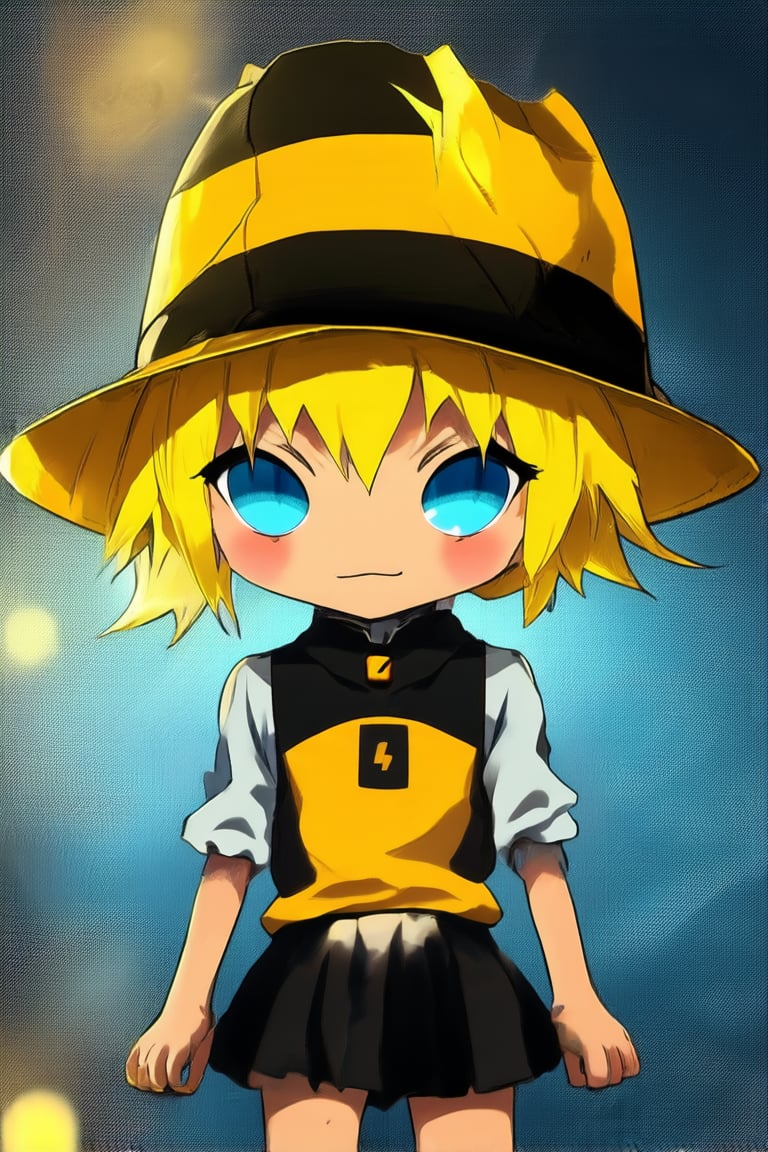 Up-close portrait of a chibi character with bright blue eyes and spiky blonde hair, wearing a yellow and black striped hat and a mischievous grin. Soft focus background with subtle texture resembling fabric or paper, warm golden lighting highlighting the subject's features.