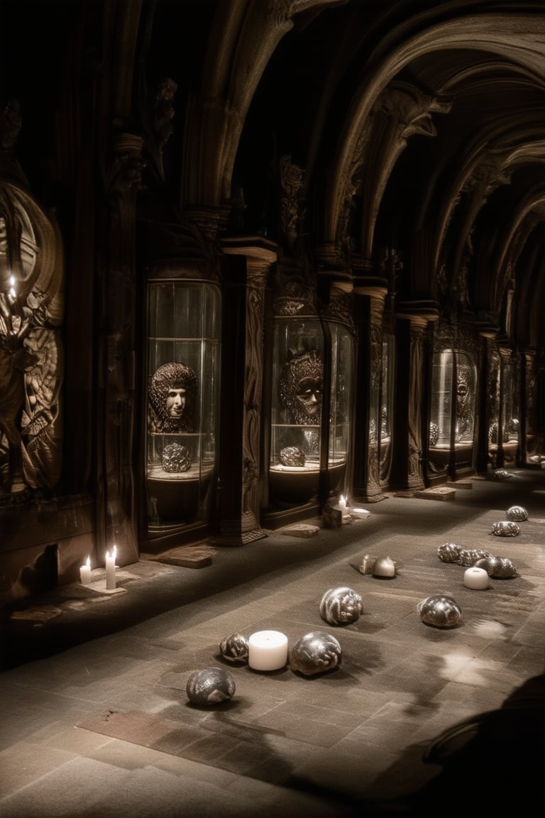 A dimly lit, ancient museum hall with intricate stone carvings on the walls. Rows of dusty glass cases display mysterious artifacts from a bygone era: glowing orbs, ornate masks, and forgotten relics. A lone, wispy candle casts eerie shadows on the floor as a curator carefully tends to an exhibit, whispering secrets to an unseen audience.