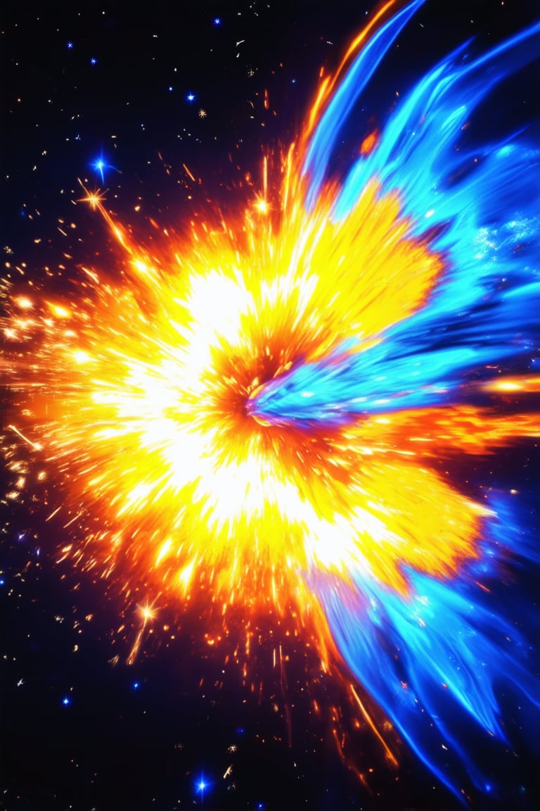 A bright and bold shot of a colorful explosion radiates vibrant energy, with fiery sparks illuminating a darkened background like stars in a night sky. A kaleidoscope of hues - electric blue, sunshine yellow, and fiery orange - swirl together in perfect harmony, as if the very fabric of reality has been infused with a dynamic, pulsing light.