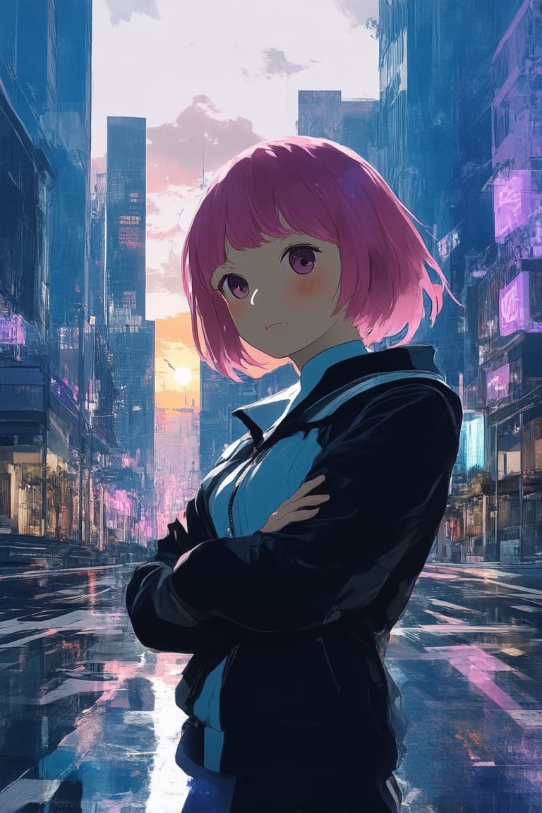 Vibrant digital painting of a futuristic cityscape at sunset, with neon lights reflecting off the wet pavement. In the foreground, a young woman with short pink hair and a sleek black jacket stands confidently, her arms crossed and eyes fixed intently on the horizon. Her face is illuminated by a warm golden glow, contrasting with the cool blues and purples of the city's skyline. Anime-inspired MixStyle artwork blending traditional Japanese aesthetics with modern digital flair.