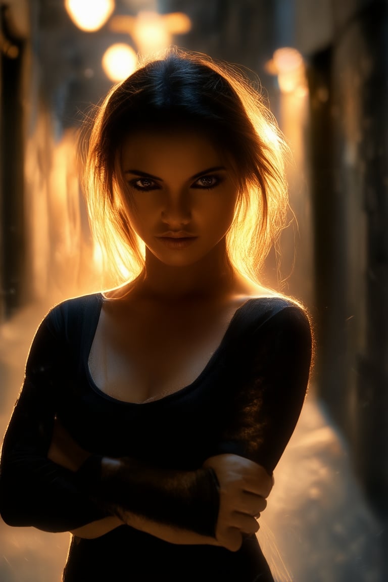 A close-up shot captures a powerful expression on a determined woman's face, her eyes blazing with intensity as she stands firmly, arms crossed, in a dimly lit alleyway at dusk. The warm glow of nearby streetlights casts long shadows across her features, emphasizing the depth of her emotions.