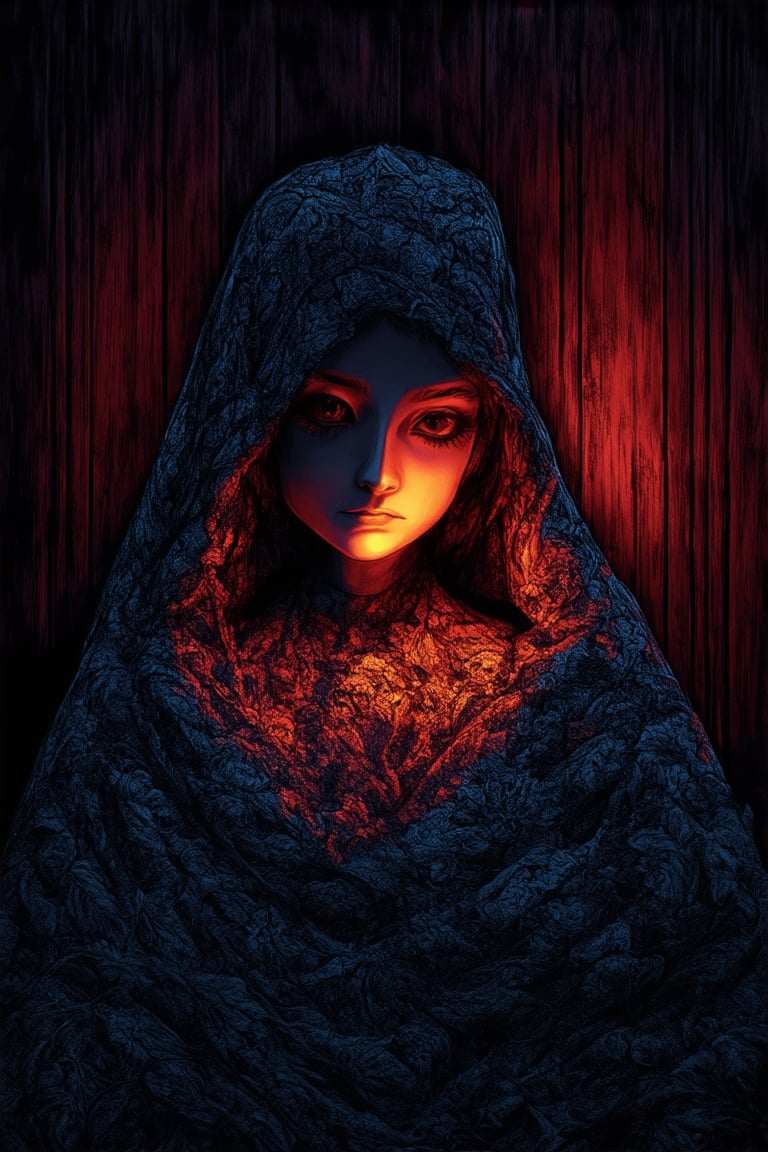 A dimly lit, ornate study serves as the backdrop for an enigmatic portrait of a mysterious individual. The subject's face is partially obscured by a veil of shadows, their eyes gleaming like polished onyx in the faint candlelight. A wispy, lace-trimmed shawl wraps around their neck, its delicate pattern echoing the intricate carvings on the wooden paneling. The overall ambiance exudes an air of secrecy and intrigue.