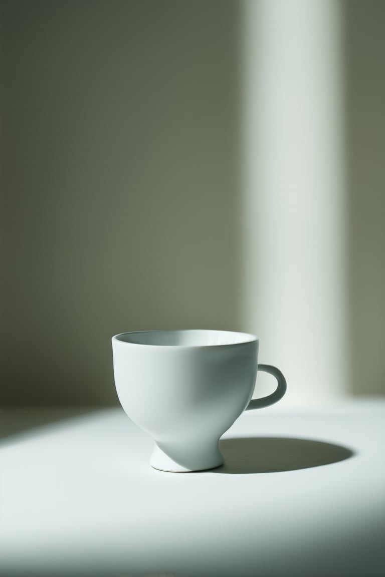 A close-up shot of a delicate white ceramic cup sitting on a minimalist flat background with a subtle texture, softly lit from above to highlight its curves and simplicity. The background is a pure, creamy white that provides a clean contrast to the cup's gentle color.