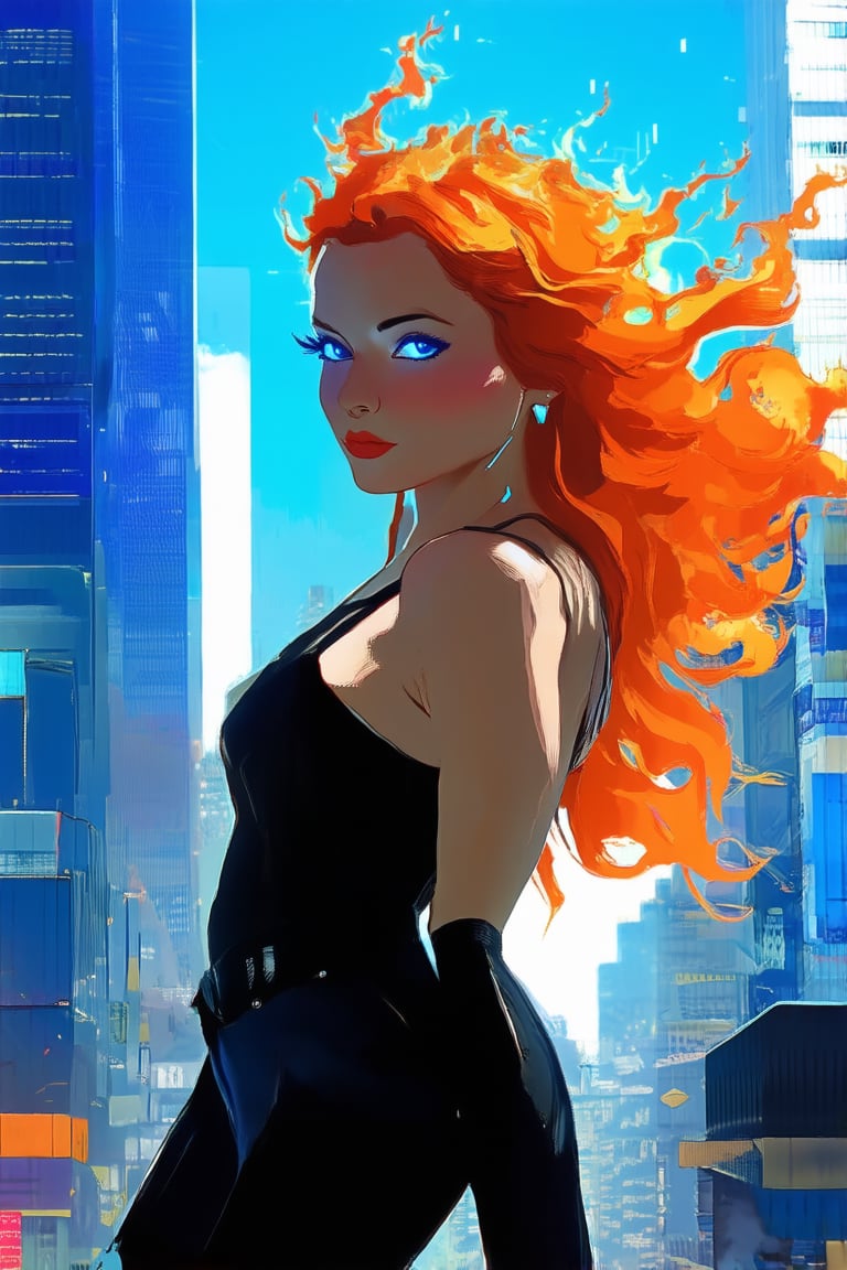 Vibrant digital artwork depicting a young woman with fiery orange hair and piercing blue eyes, dressed in a sleek black jumpsuit, posed confidently against a neon-lit cityscape at dusk. Soft focus on her face, bold lines defining her features, dynamic composition featuring towering skyscrapers and bustling streets.