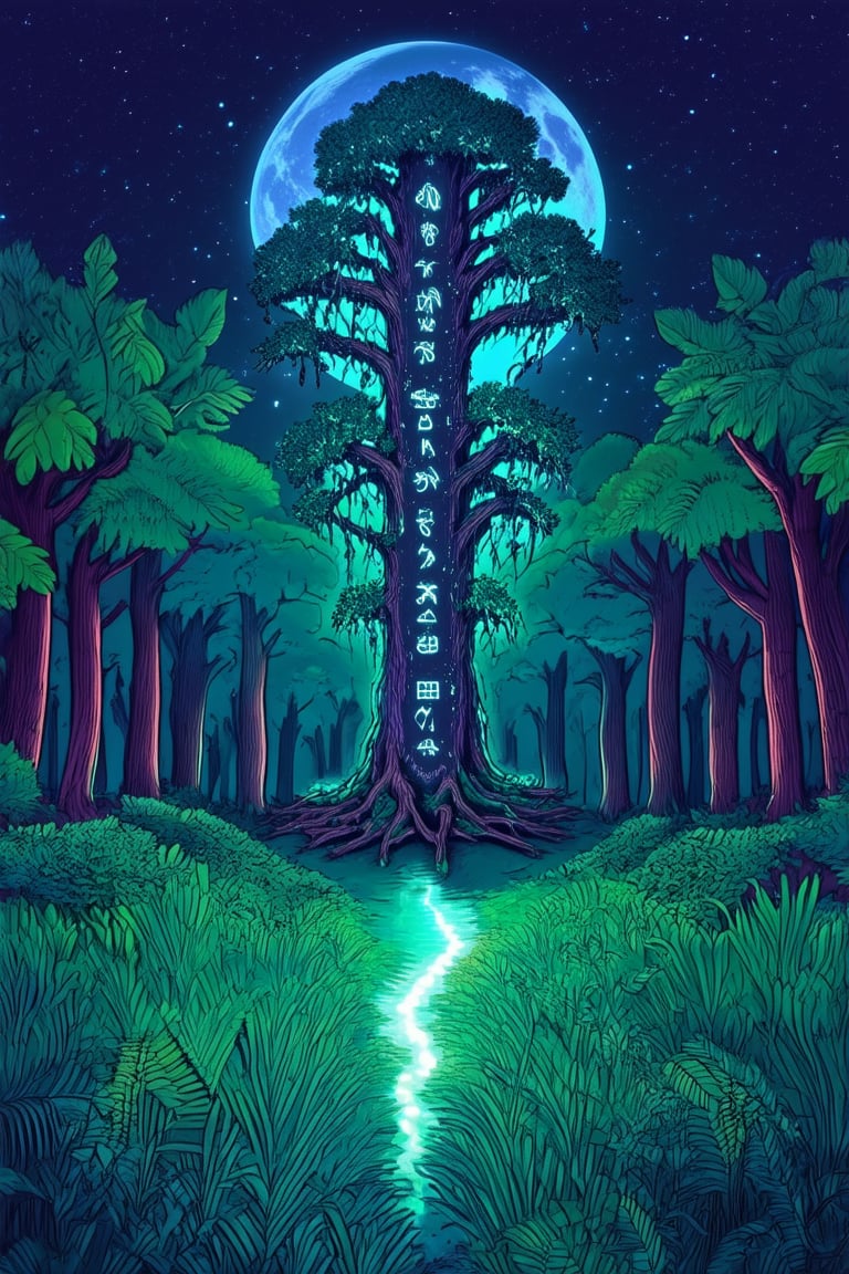 A whimsical illustration of a mystical forest, rendered in flat 2D design. A towering tree with glowing runes stands sentinel, surrounded by wispy vines and delicate ferns. The moon casts an eerie glow, illuminating the mystical creatures frolicking beneath its silvery light.