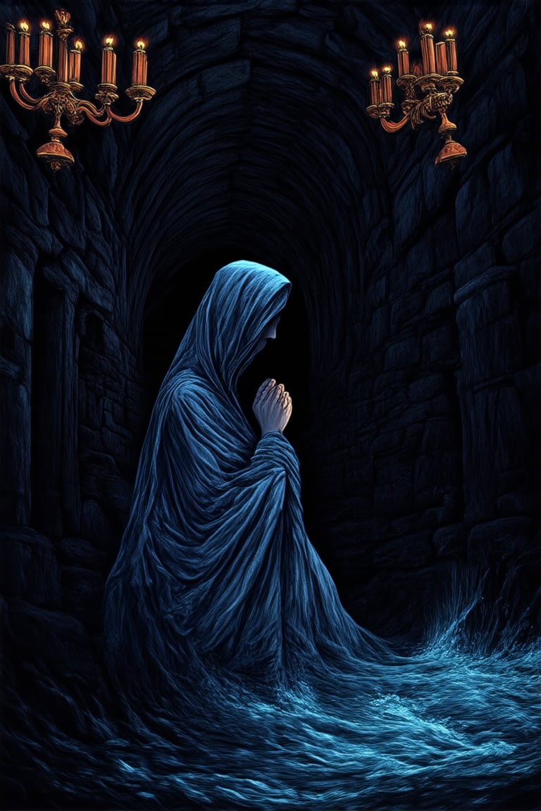 A mysterious figure shrouded in shadows, their face obscured by a wispy veil, stares intently into the distance, the dimly lit chamber's stone walls and ornate candelabras serving as a haunting backdrop. The subject's hands are clasped together, a symbol of secrecy, amidst a sea of darkness.