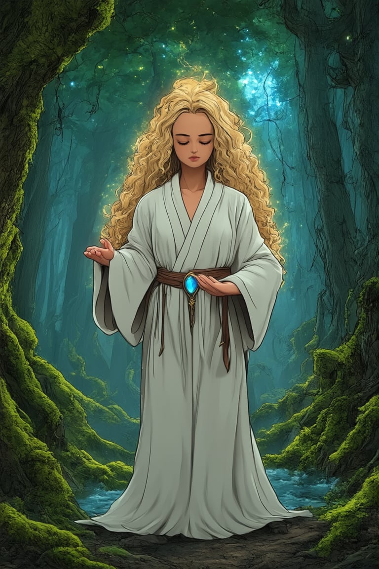 A mystical mama stands in a misty forest clearing, surrounded by towering trees adorned with glowing moss and vines. Her long, curly hair flows like a river of gold, illuminated by the soft, ethereal light of the setting sun. She wears a flowing white robe, cinched at the waist with a gemstone-encrusted belt, her eyes closed in deep meditation as she connects with the ancient energy of the forest.