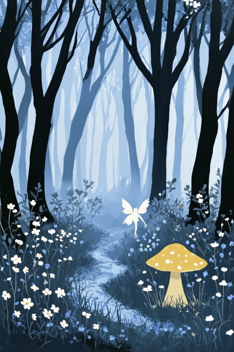 A whimsical ink illustration depicting a fantastical forest scene: A delicate faerie perches on a toadstool, surrounded by lush greenery and vibrant wildflowers. Soft, muted lighting casts an eerie glow, emphasizing the mystical atmosphere. The faerie's ethereal features are rendered in precise strokes of deep indigo and midnight blue ink, while the natural surroundings burst with life in shades of olive and golden yellow.