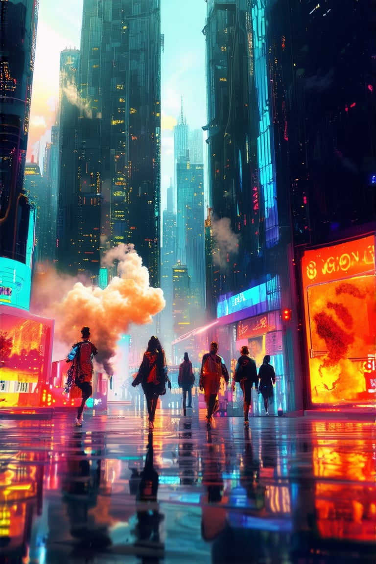 A futuristic cityscape at sunset, with sleek skyscrapers and neon lights reflecting off a wet sidewalk. A group of friends in bold, colorful outfits stroll through the vibrant streets, surrounded by giant holographic advertisements and towering video screens. The air is filled with swirling smoke and glowing sparks.