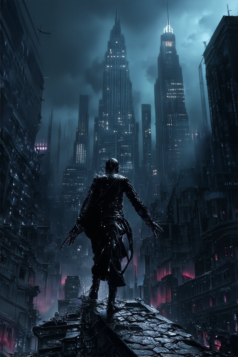 A dystopian metropolis sprawls before us, neon-lit skyscrapers piercing the darkened sky. A lone figure, dressed in worn leather and cybernetic enhancements, stands atop a crumbling rooftop, arms outstretched as if embracing the city's chaos. Low-hanging fog wraps around the scene, casting an air of mystery.