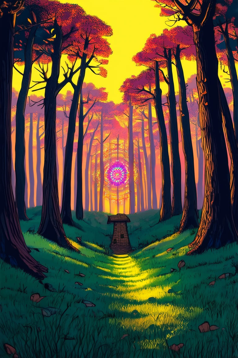 A vibrant flat 2D illustration of a whimsical woodland scene at dusk, with warm golden light casting long shadows across the forest floor. Tall trees with textured trunks and wispy branches stretch towards the sky, their leaves a kaleidoscope of autumn hues. A small clearing in the center features a tiny wooden door, adorned with intricate carvings, emitting a soft glow.