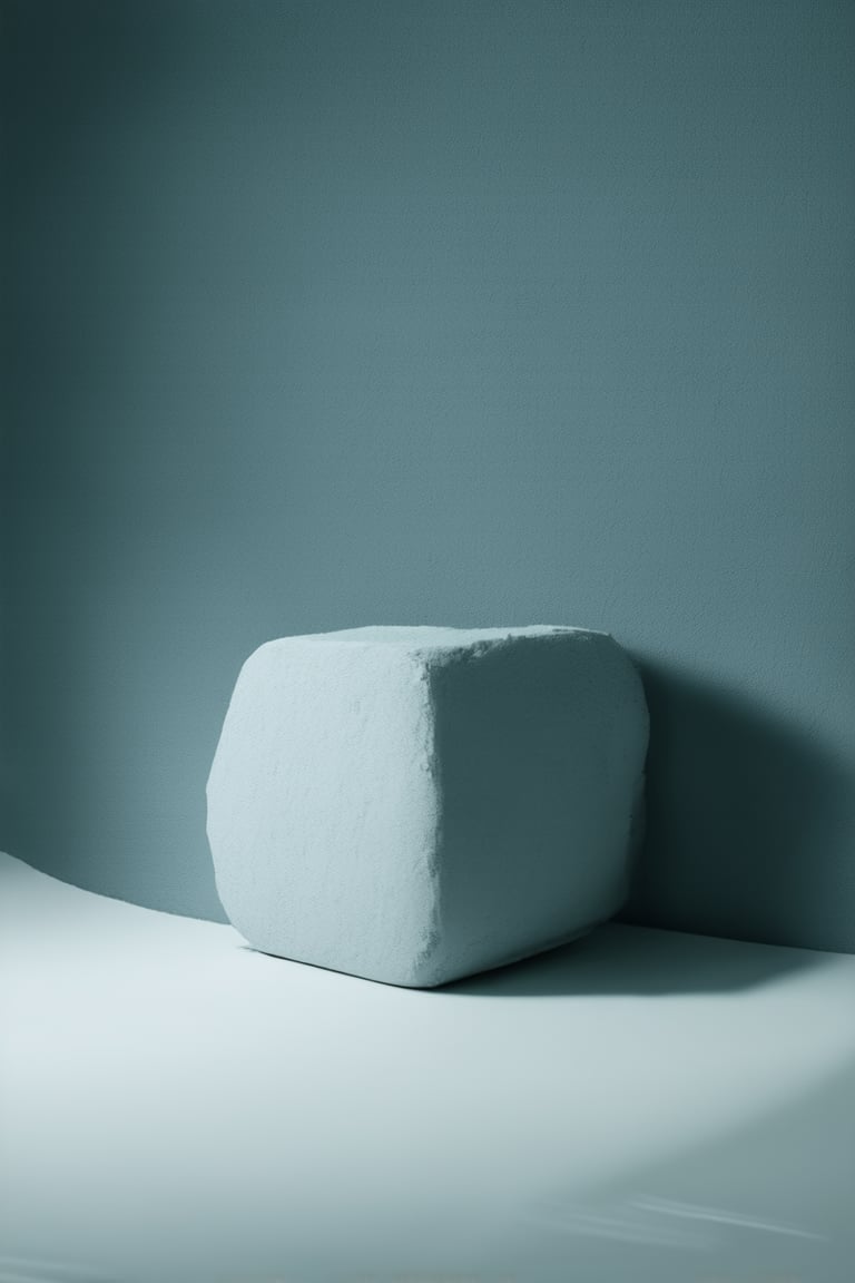 A minimalist still life setup features a solitary object, isolated against a uniformly colored flat background. The surface is a calm, pale gray, providing a neutral canvas for the subject to dominate. Soft, indirect lighting gently illuminates the object from the side, creating subtle shadows that add depth and visual interest.