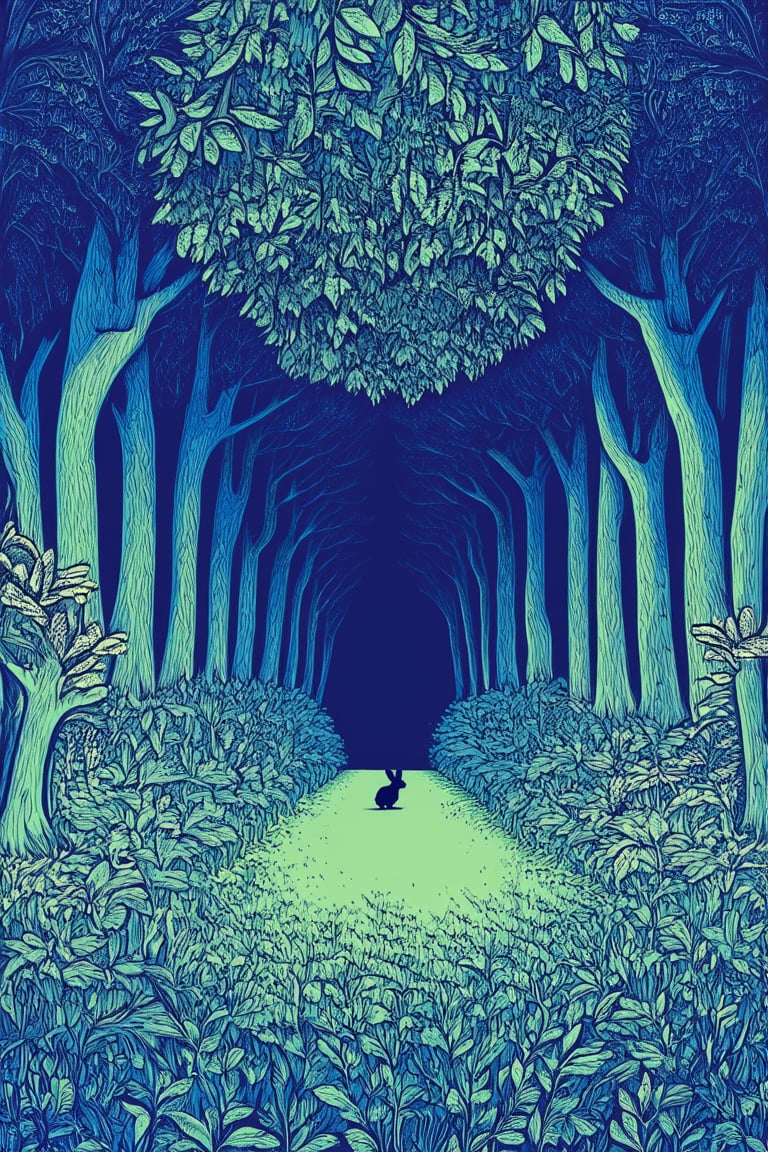 Simple yet striking illustration of a whimsical forest scene on a flat, 2D plane, with intricately designed trees and vines forming a symmetrical composition. A lone rabbit stands at the center, looking directly at the viewer with curiosity, surrounded by soft, feathery textures and delicate foliage.