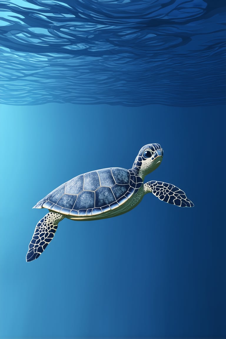 A serene underwater scene: a majestic deep blue ocean stretches out, illuminated by subtle sunlight filtering through the water's surface. In the center, a gentle sea turtle glides effortlessly, its ethereal scales glistening in the soft light. The framing is cinematic, with the turtle positioned against a dramatic gradient of blues, from pale to navy. Soft ripples on the water's surface add texture and visual interest.