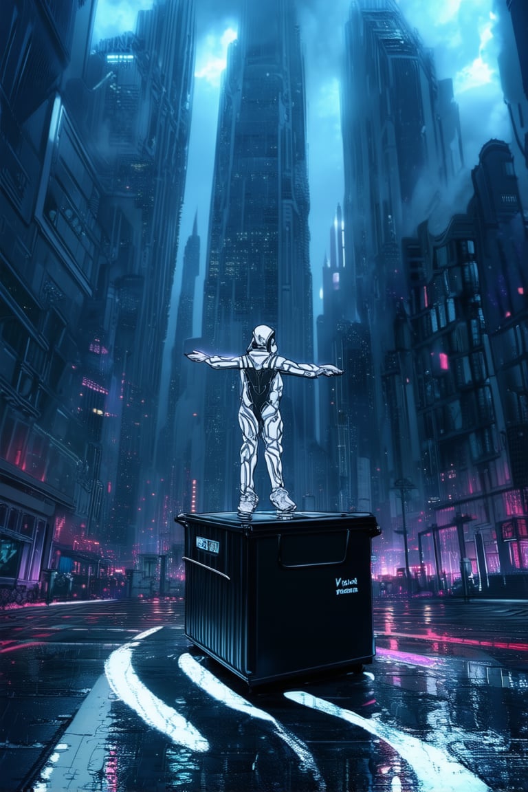 High-rise cityscape at dusk, neon lights reflecting off wet pavement. A lone figure in a futuristic jumpsuit stands atop a dumpster, arms outstretched, surrounded by swirling fog and towering skyscrapers. The air is thick with pollution and rebellion.