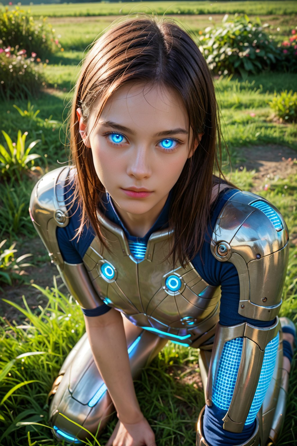 {{{REALISTIC}}},Score_9, Score_8_up, Score_7_up, 1girl, human head, metallic body,  bright blue eyes, glowing eyes, looking at viewer, kneeling, someone outside the frame handed a ball to her. Backdrop_meadow, gren grass, sunny day, cinematic light