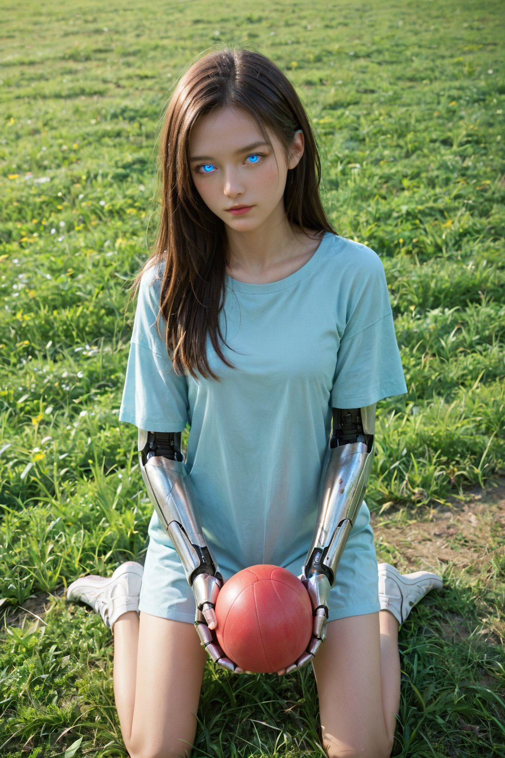 {{{REALISTIC}}},Score_9, Score_8_up, Score_7_up, 1girl, bright blue eyes, glowing eyes, metallic limbs, kneeling, holding a ball, 1man, hand on the ball. Backdrop_meadow, gren grass, sunny day, cinematic light