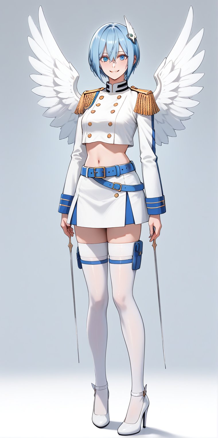 score_9, score_8_up, score_7_up, source_anime, BREAK1girl, solo, looking at viewer, simple background, fullbody, standing, light smile,coulia nokiel, short hair, blue hair, hair between eyes, blue eyesnokiel outfit, wing hair ornament, epaulettes, white wings, crop top, long sleeves, midriff, blue belt, miniskirt, white thighhighs, white heels, winged shoes