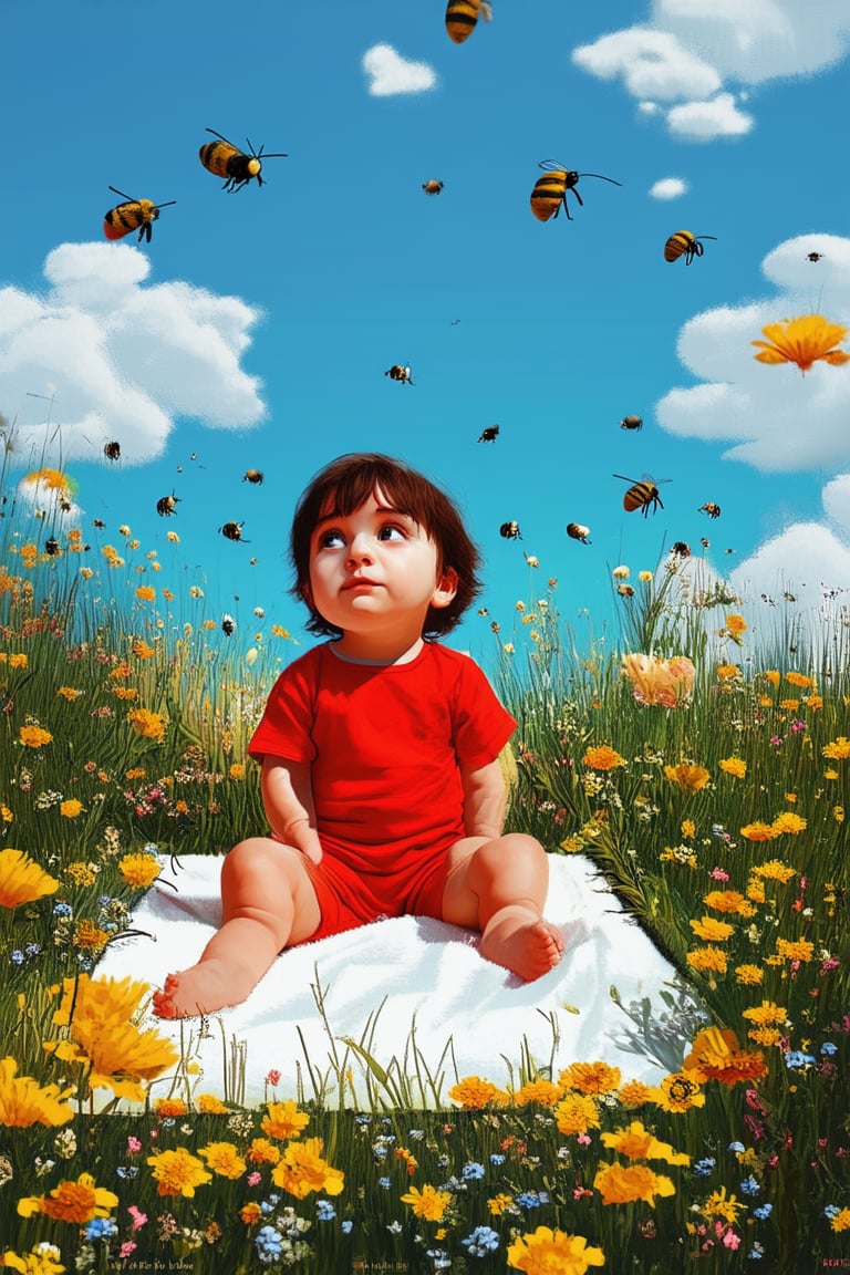 A whimsical illustration of a child sitting on a blanket in a lush meadow, surrounded by tall wildflowers and buzzing bees. The child's face is bright with wonder as they gaze up at a clear blue sky filled with puffy white clouds. Soft sunlight filters through the petals, casting gentle shadows.