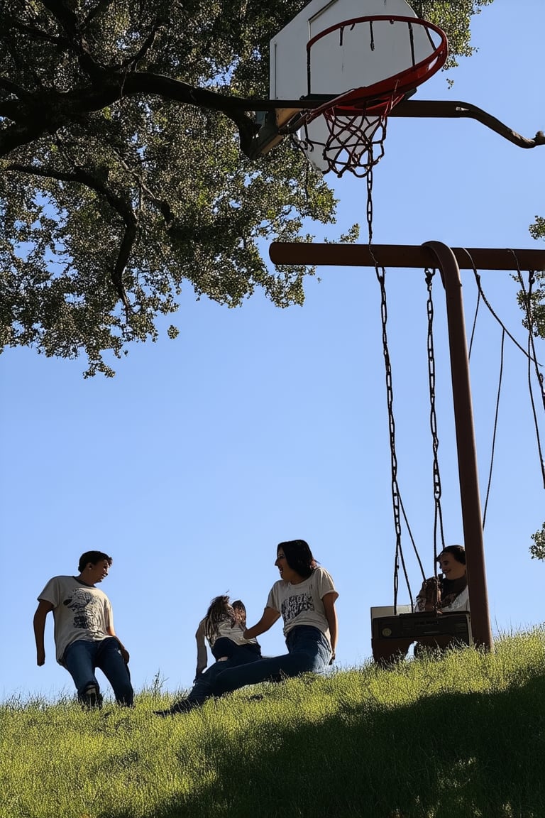 A nostalgic prompt! Here's a description of an image inspired by 1990s style:

A sunny day in suburban America, circa 1995. A group of teenagers, sporting high-waisted jeans and baggy graphic t-shirts, lounge on the grassy hillside. The warm sunlight casts long shadows behind them as they casually chat and laugh. In the distance, a rusty old swing set and a basketball hoop sit idle, while a few trees with tangled branches create a natural canopy above. A boombox plays a mix of alternative rock and hip-hop tunes, filling the air with the iconic sounds of that era.