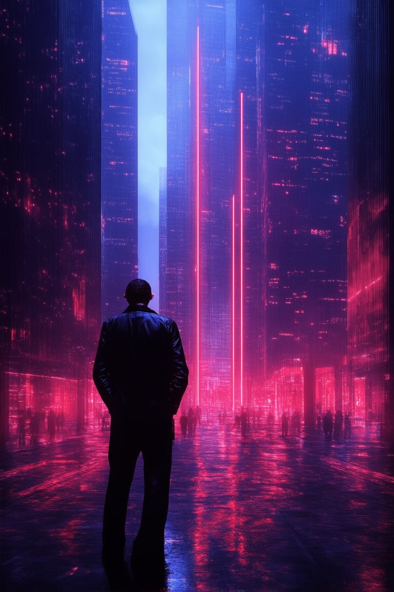 A futuristic cityscape at dusk. A sleek, neon-lit skyscraper pierces the smog-choked sky, its reflective surface mirroring the dark urban landscape below. In the foreground, a lone figure in a black leather jacket and shades stands tall, hands tucked into pockets, gazing up at the towering structure with a mix of curiosity and suspicion. Flickering holographic ads dance across the pavement as the city's humdrum noise provides a constant undertone.