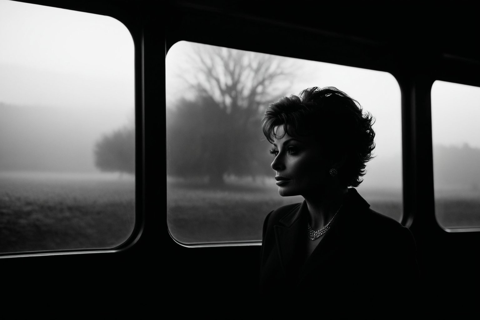 portrait of woman (sophia loren) (short wavy hair) (on the train) (captured with (ilford fp4 125mm film) darkness dramatic scene, bokeh