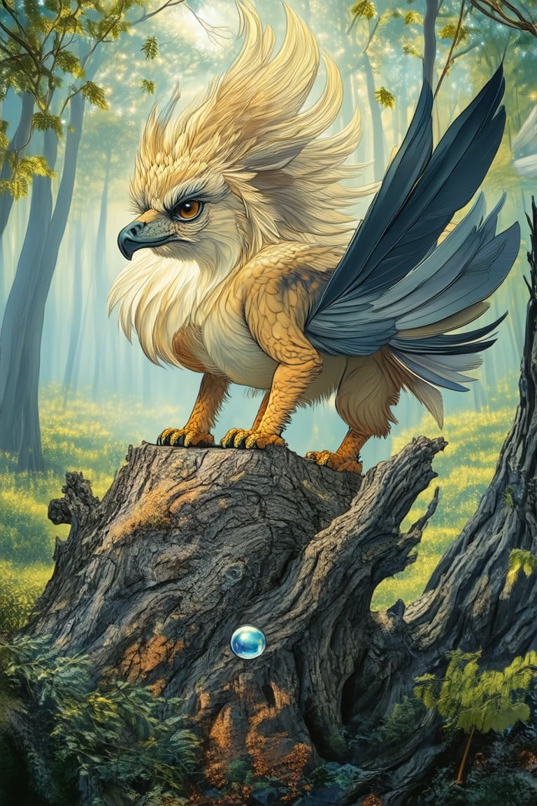 In a mystical forest, a majestic Griffin perches atop a gnarled tree stump, its piercing eyes scanning the surrounding foliage as it surveys its kingdom. Soft golden light filters through the leaves, casting dappled shadows on the forest floor. The Griffin's regal feathers glisten with an iridescent sheen, while its sharp talons grasp a gleaming crystal orb.